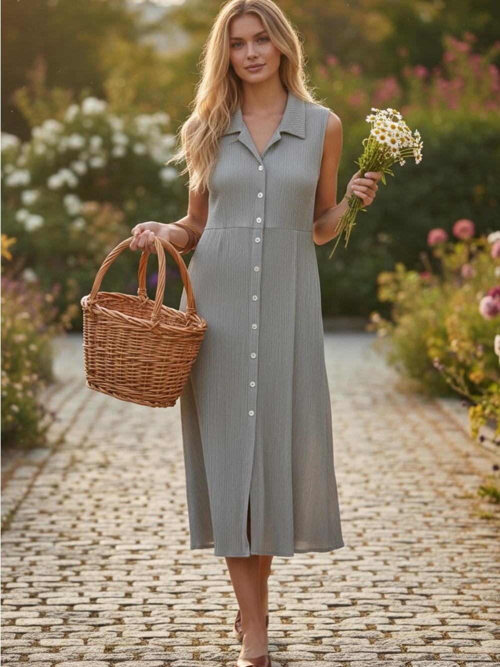 Vintage Crinkle Gauze Linen Blend Sleeveless Button-Front Beige Midi Dress